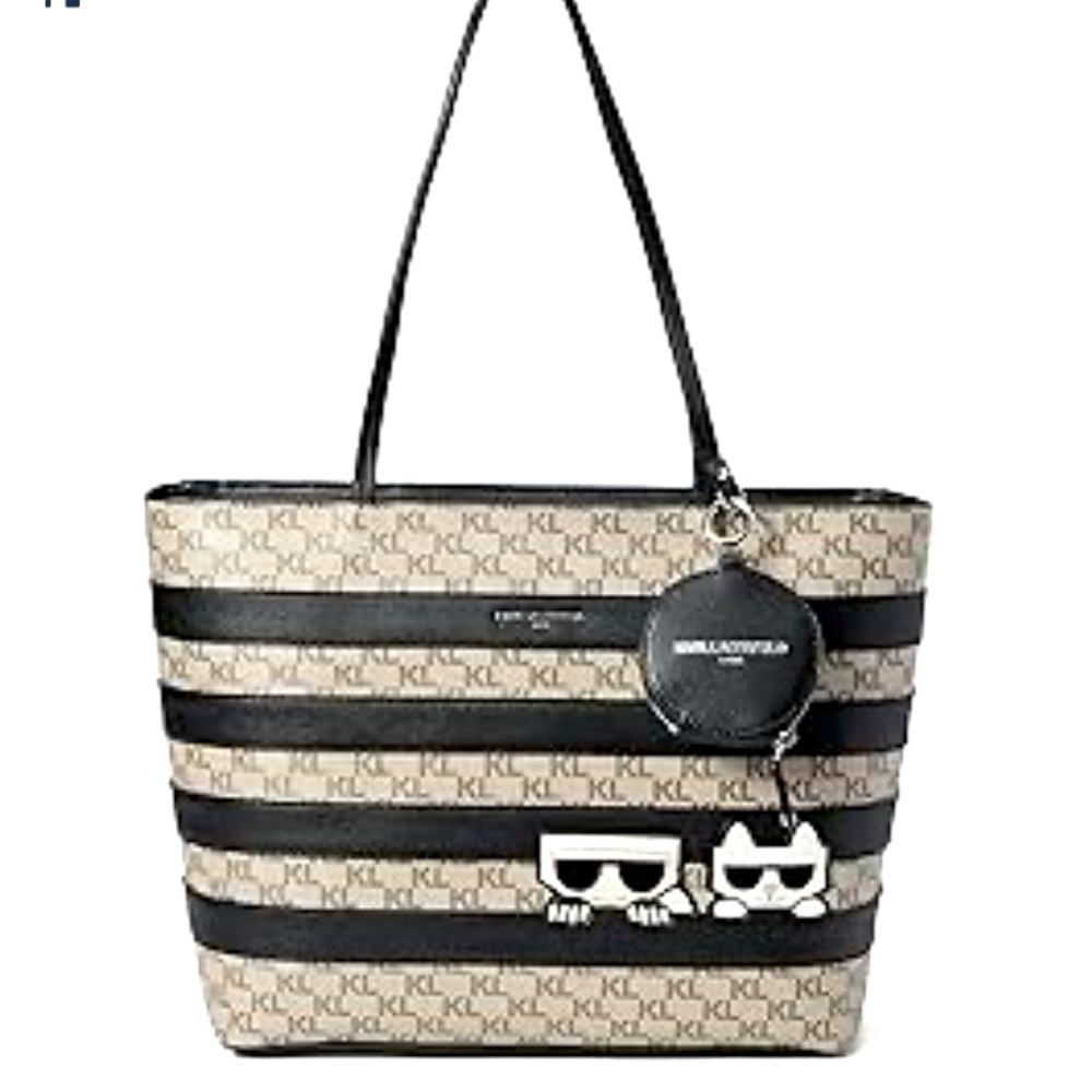💚💚🌼 NWT Karl Lagerfeld Paris Tote Bag w/Coin Purse Cat Patches Black/Tan Silver